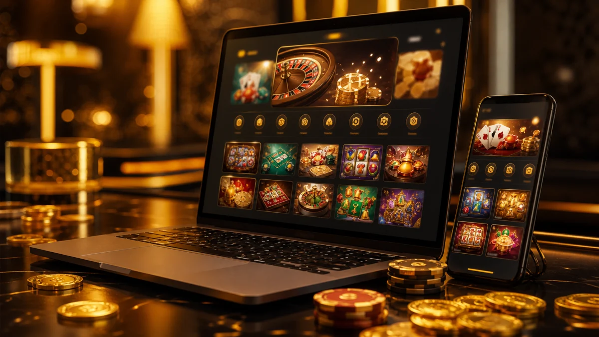 Dispositivos com lobby genérico de cassino online, fichas e moedas em ambiente dourado