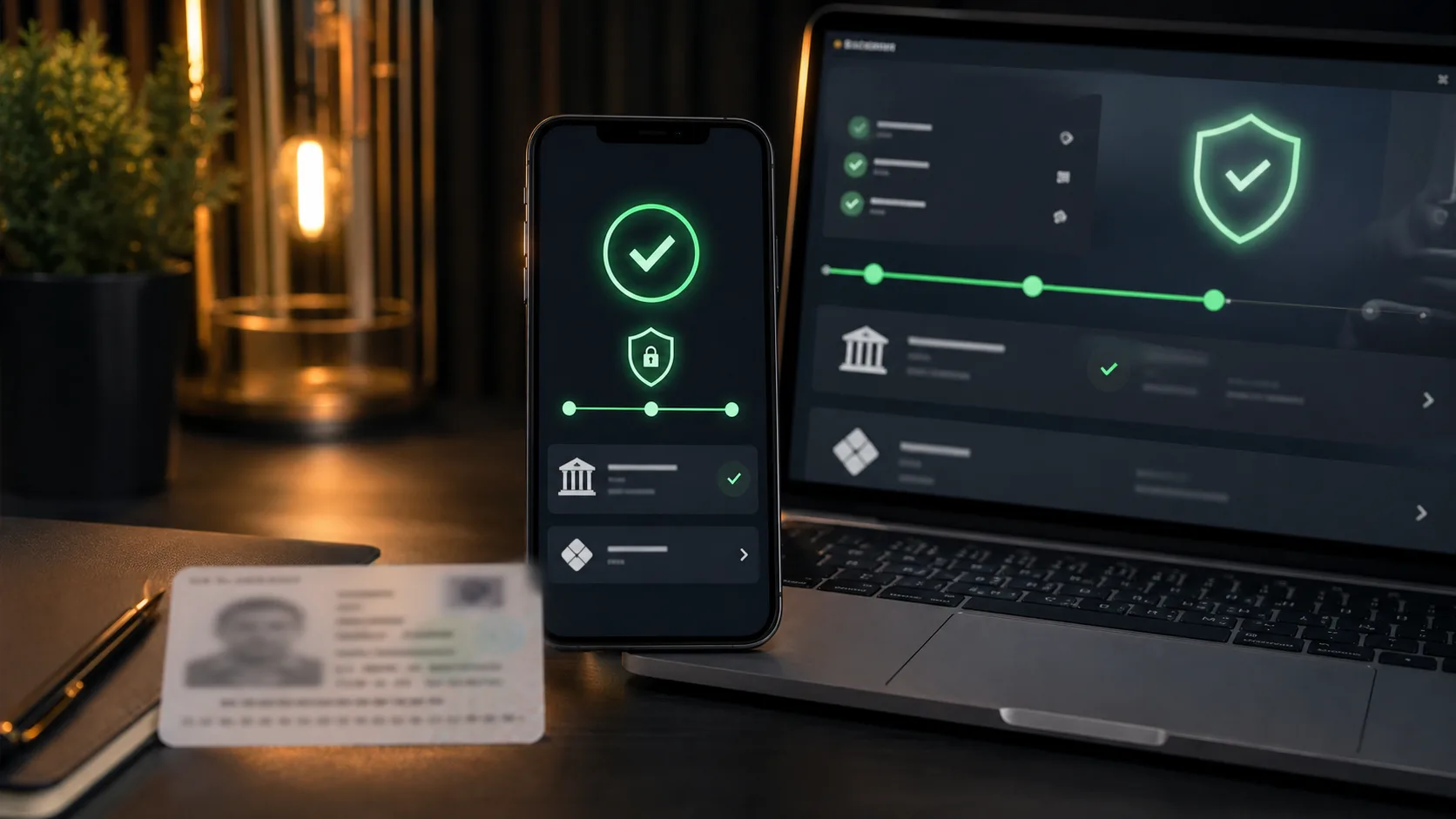 Celular e notebook mostrando aprovação visual de saque com ícones de proteção e verificação sem dados pessoais